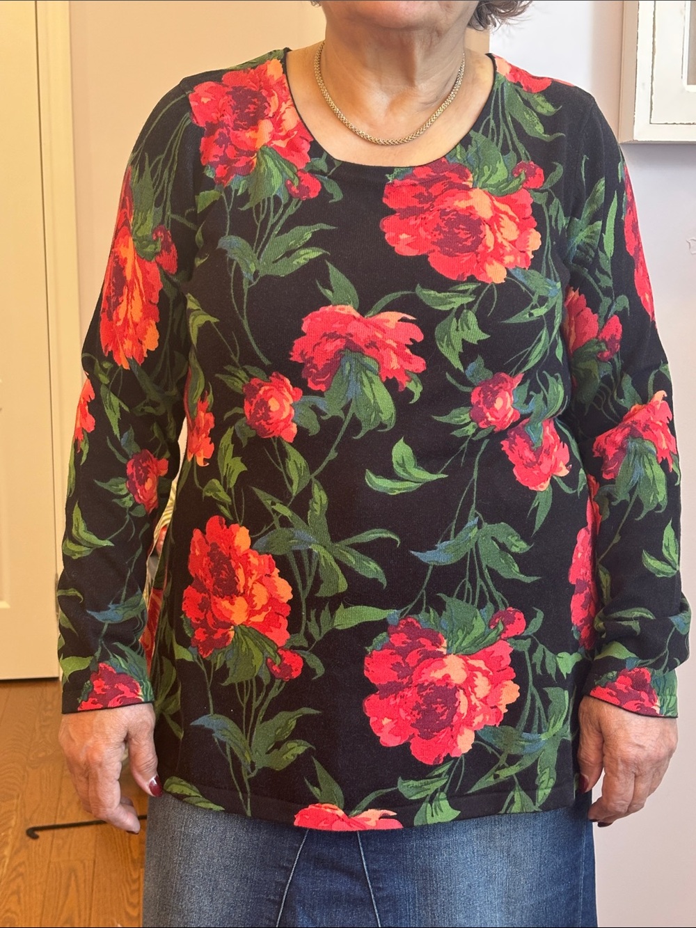 Isaac Mizrahi Black Long-Sleeve Top with Red Floral Print